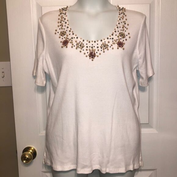 Quacker Factory Wood Beaded White Short Sleeve Ribbed Top Sz XL NWT - Picture 1 of 7